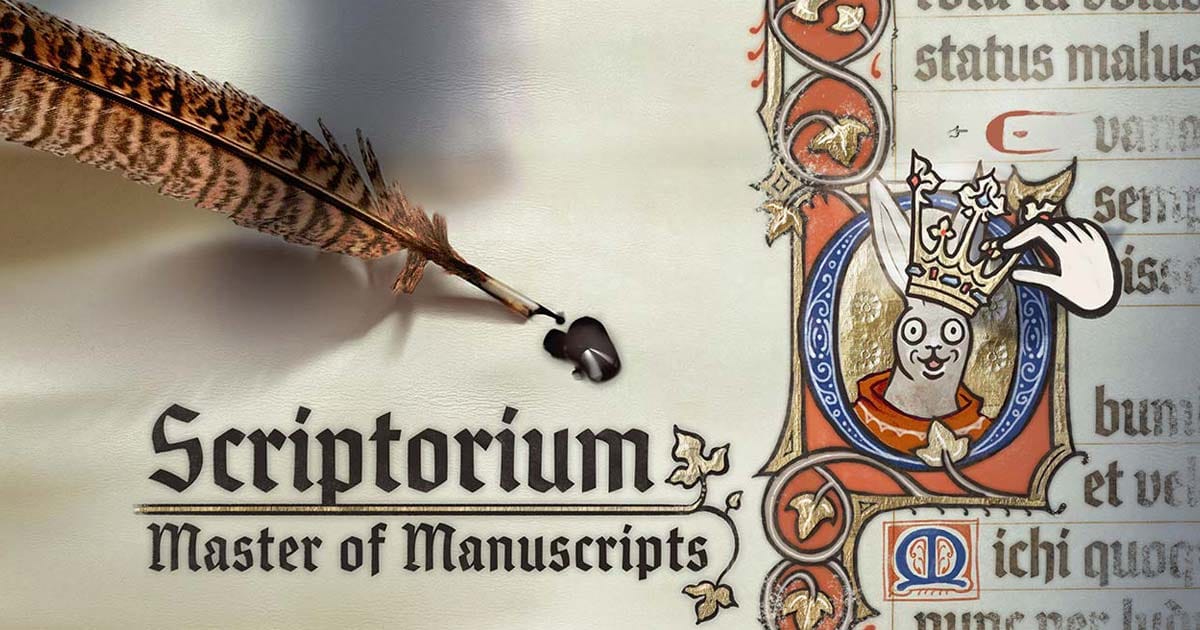 Promotional artwork showing scribes creating illuminated manuscripts inside a medieval workshop