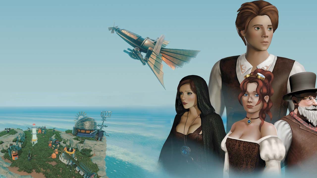 Floating ocean world with steampunk settlements above vast flooded seas