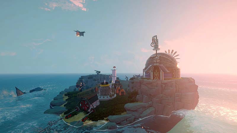 Third-person combat on a floating island during a turret defense raid