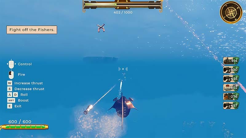 Open ocean exploration with debris and distant floating structures
