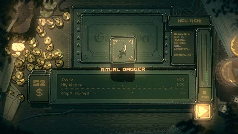 Gameplay scene featuring manual reel stopping during a fantasy combat encounter