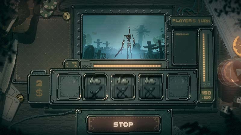 Interface screen displaying slot reels, combat symbols, and critical hit timing