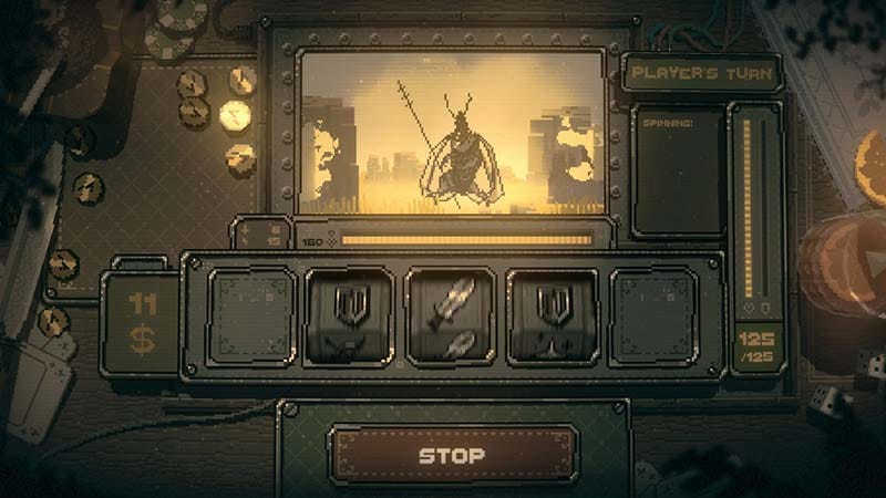 Combat screen showing respin chains and slot machine attack combinations