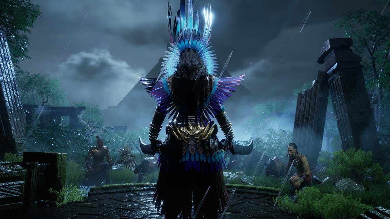Gameplay scene showing open world survival and tribal settlements