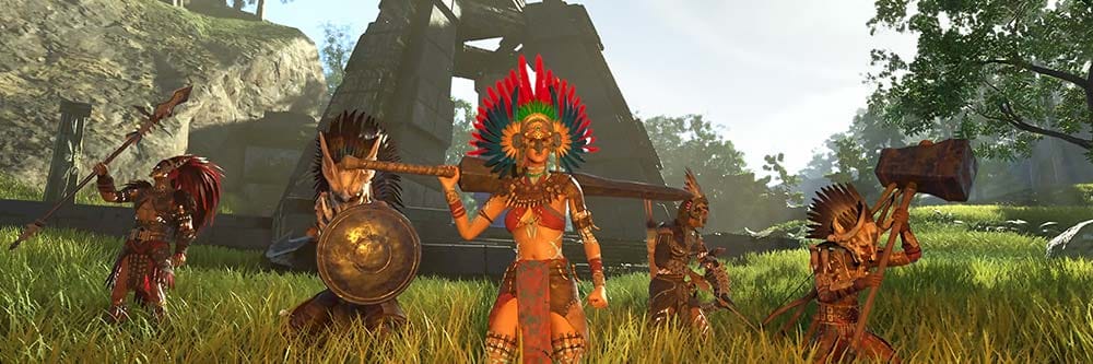Gameplay banner showing open world exploration, tribal settlements, and activity