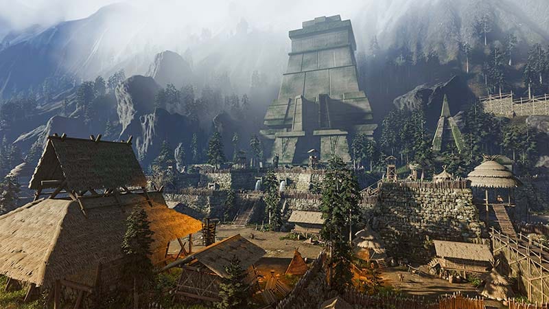 Gameplay screenshot of open world environment and settlement systems