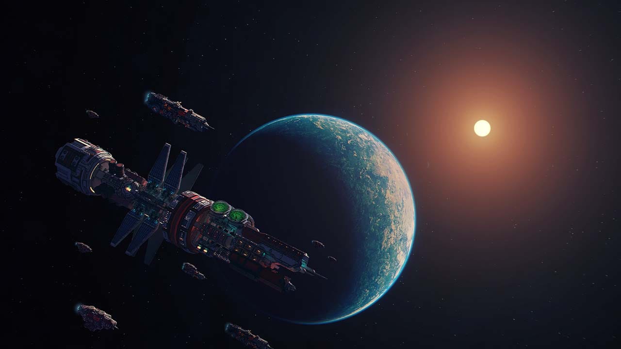 Space colony ship interior showing modular rooms and atmospheric lighting