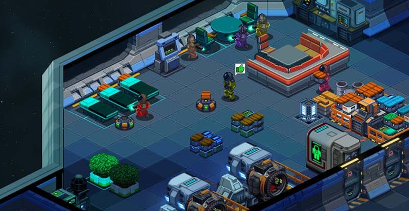 Gameplay scene showing tile-based spaceship construction in a grid layout interface