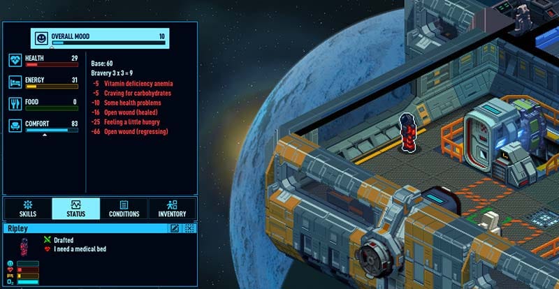 Interface screen displaying crew management panel with skills, traits, and status indicators