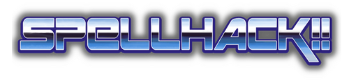 SPELLHACK!! title logo for retro survival deckbuilder set in a surreal 1980s inspired world