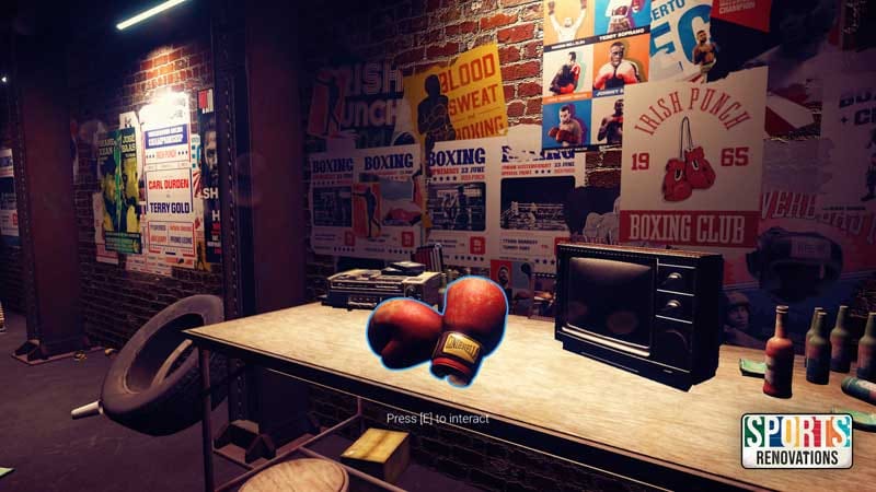 Gameplay scene showing a sports facility being cleaned and repaired