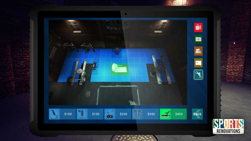 Gameplay view of painting walls inside a sports hall environment