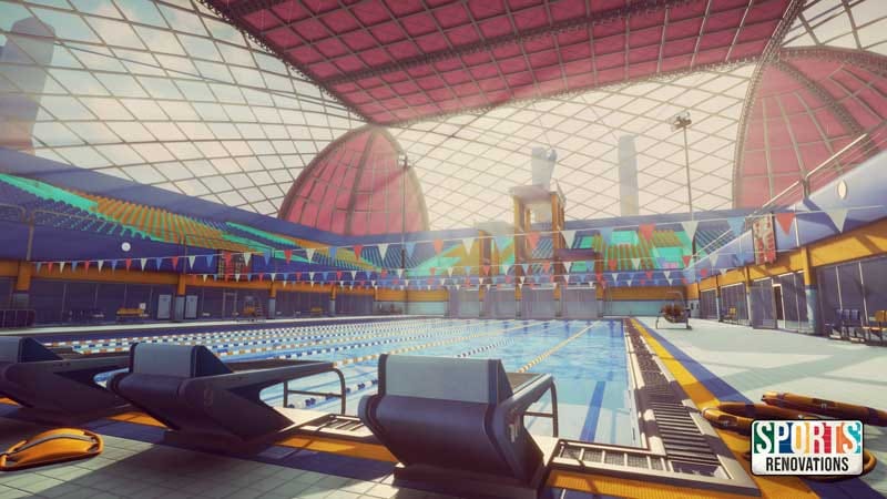 Gameplay scene with a partially restored indoor court and scattered debris