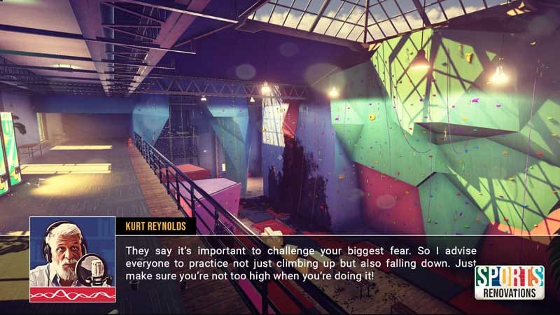 Wide gameplay view of a large sports hall during renovation work