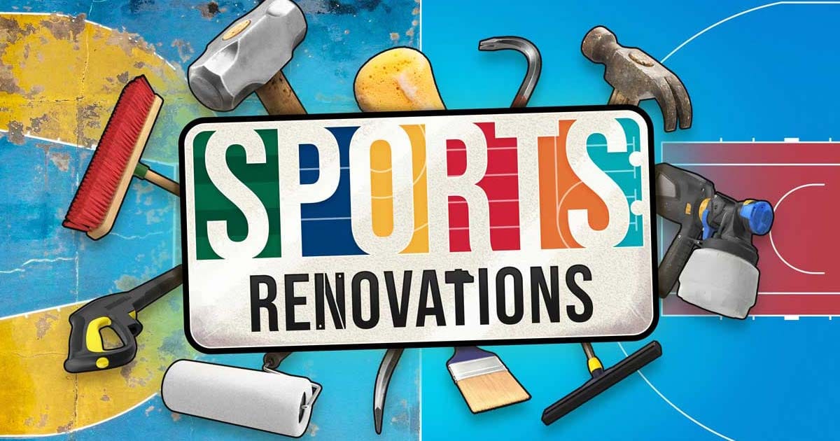 Promotional scene showing a restored sports court contrasted with its damaged state