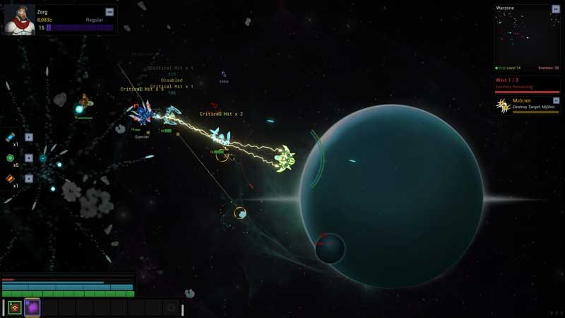 Gameplay scene showing a spaceship firing weapons in a top-down space battle