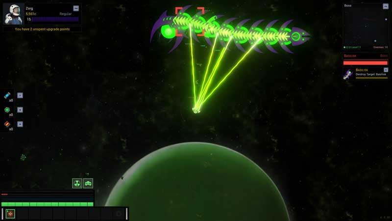 Exploration view of a space sector with scattered enemies and environmental hazards