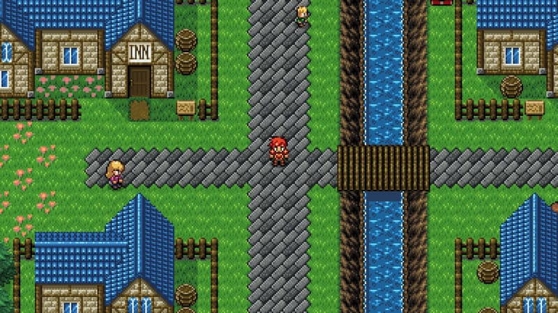 Dungeon gameplay with characters navigating a retro-inspired pixel art area