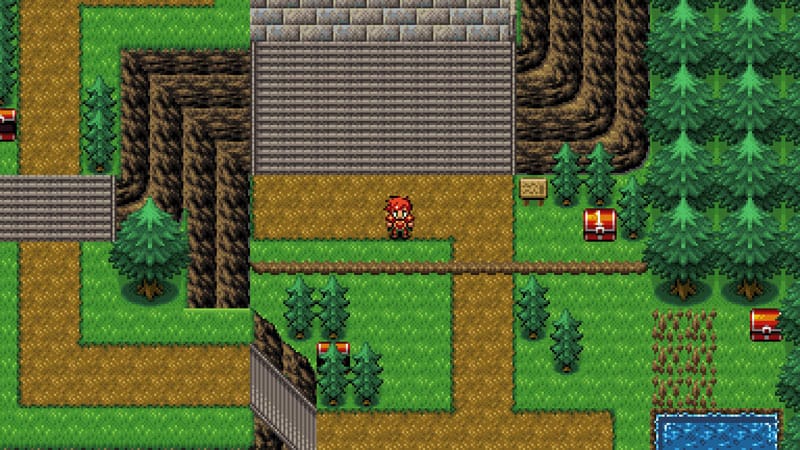 Mountain province gameplay scene with pixel art landscapes and pathways