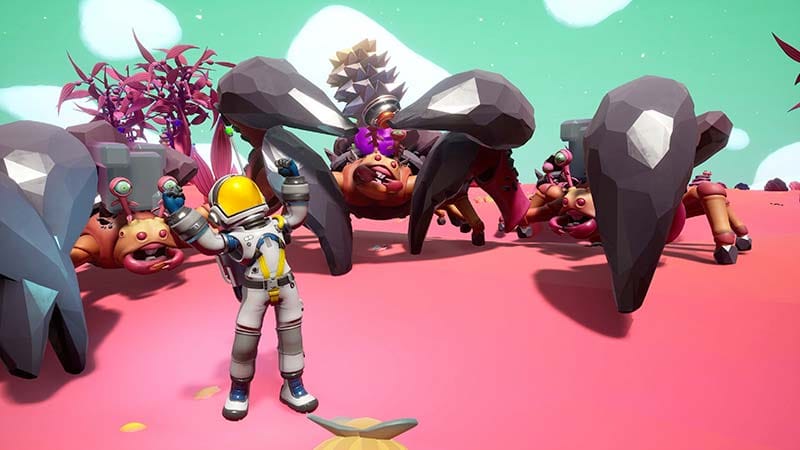 Cooperative team gathering resources on hazardous alien terrain