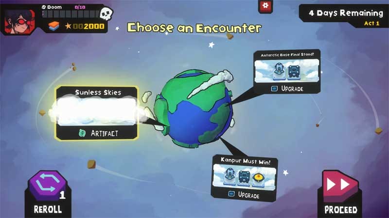 Gameplay scene on a 7x9 grid showing mech combat and enemy intent indicators