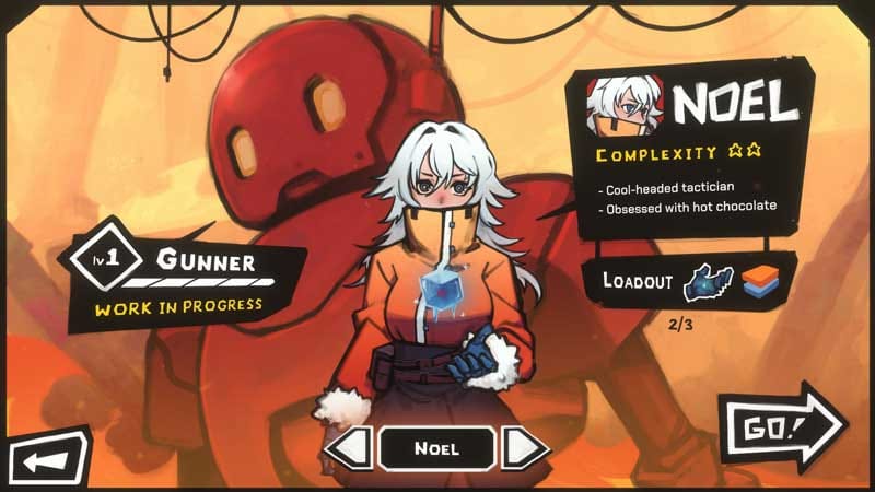 Pilot selection screen showing mech class options and character abilities