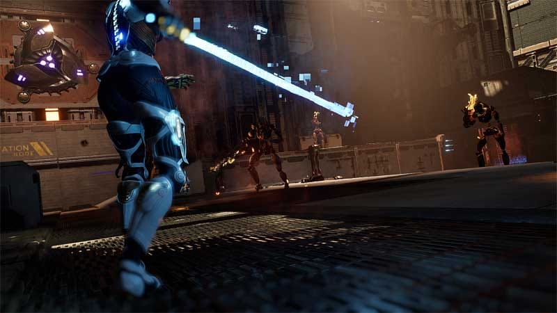 Gameplay scene showing stealth movement through a dimly lit industrial corridor