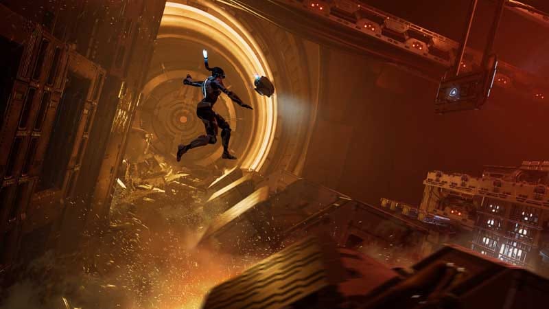 Exploration scene navigating a dense mechanical environment with layered pathways