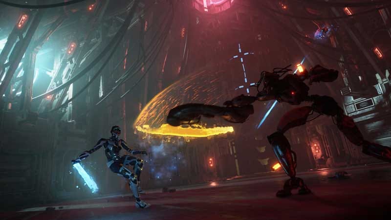 Combat scene showing melee engagement with robotic enemies