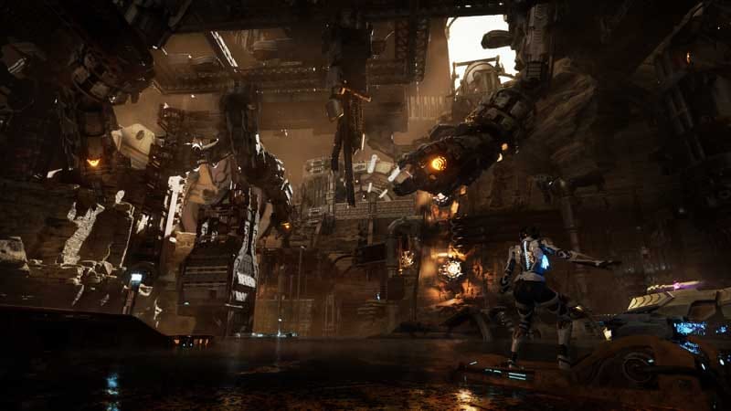 Exploration view across a sci-fi environment with multiple traversal routes