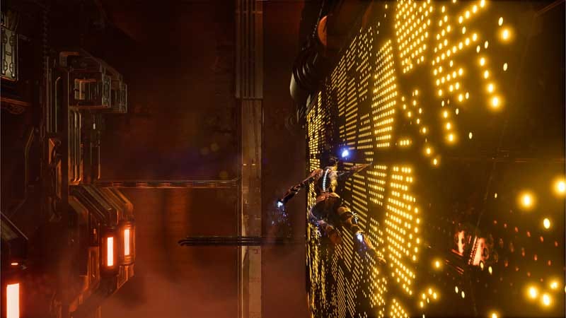 Wide gameplay scene showing an industrial arena during active enemy encounter