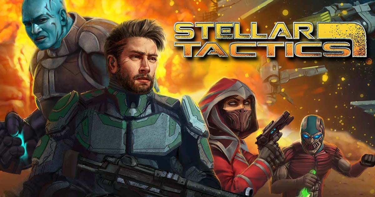 Stellar Tactics key art showing the game logo with sci-fi space exploration and tactical RPG themes.