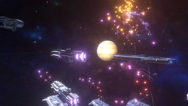 Fleet combat in 3D space with ships engaging targets