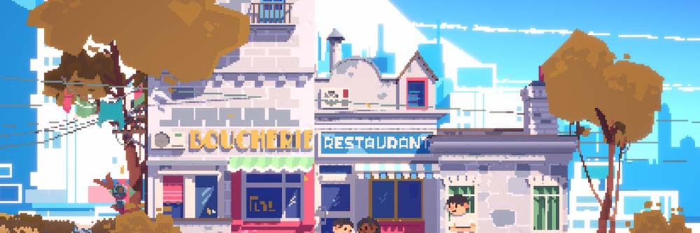 Wide SUMMERHOUSE scene showing pixel art neighborhoods across multiple themed environments
