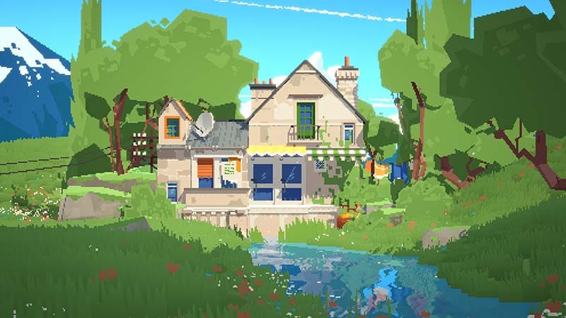 Environment view of a small lived-in pixel art neighborhood built in SUMMERHOUSE