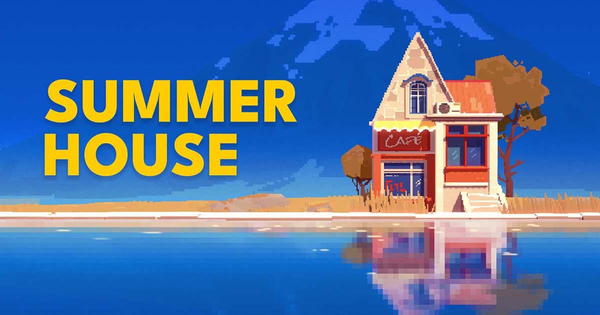 Promotional artwork showing a cozy SUMMERHOUSE pixel art neighborhood built across multiple environments