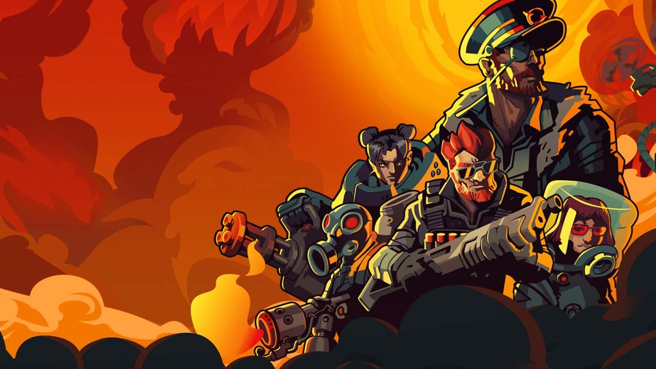 Top-down battlefield scene with mercenaries fighting robotic enemies in a sci-fi setting