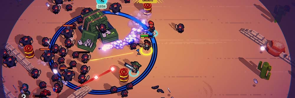 Wide banner showing a squad fighting waves of robotic enemies in a sci-fi setting