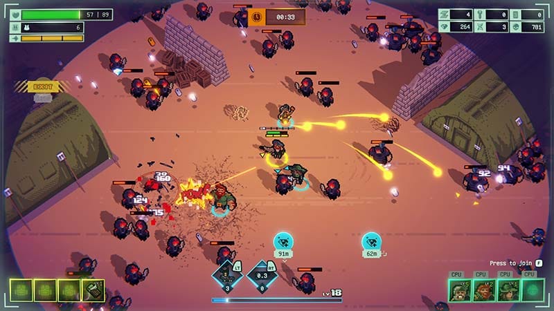 Gameplay scene showing a squad fighting enemy waves in a top-down battlefield
