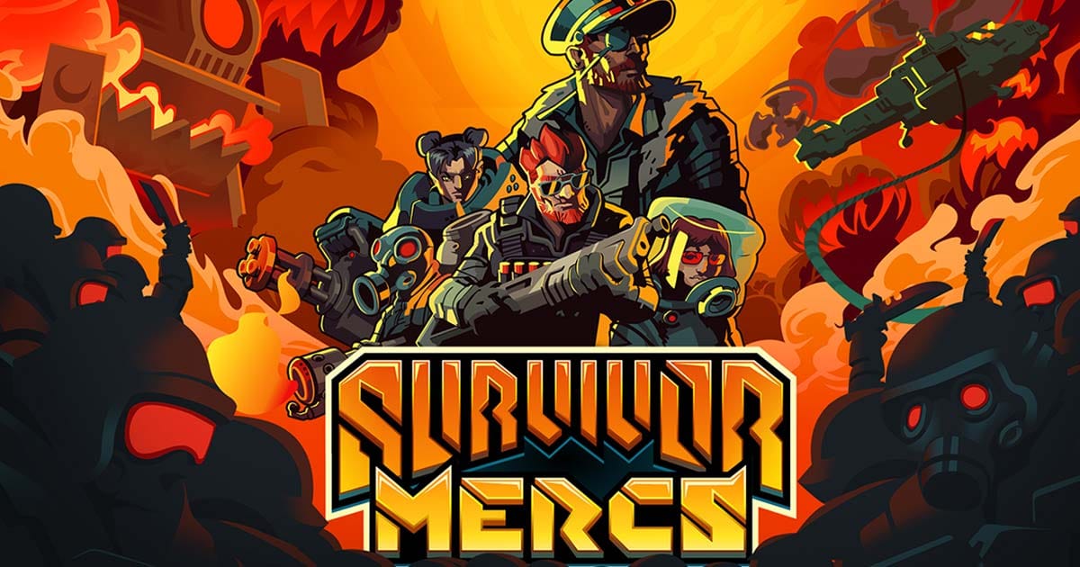 Promotional scene showing a squad battling waves of robots in a chaotic combat zone