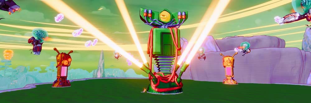 Wide cinematic alien battlefield with co-op combat and chaotic roguelite action