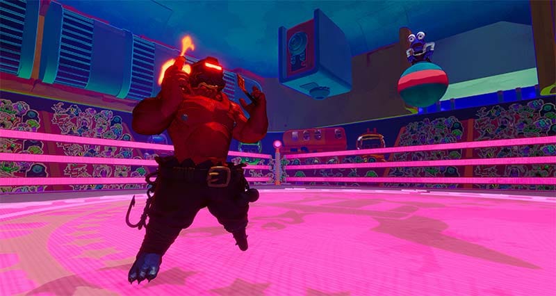 Combat scene showing projectile attacks from swapped alien head abilities