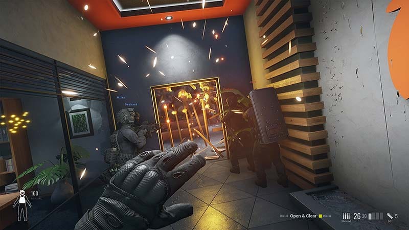 Gameplay scene showing SWAT unit executing a structured room breach