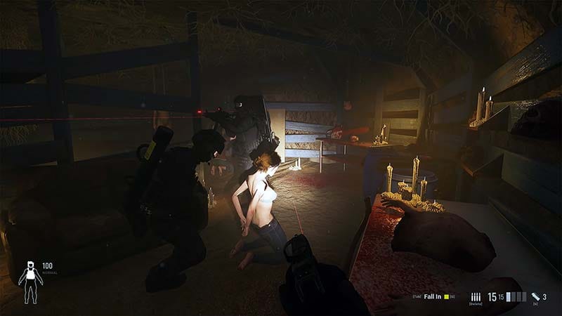 Night operation gameplay showing exterior approach under low visibility