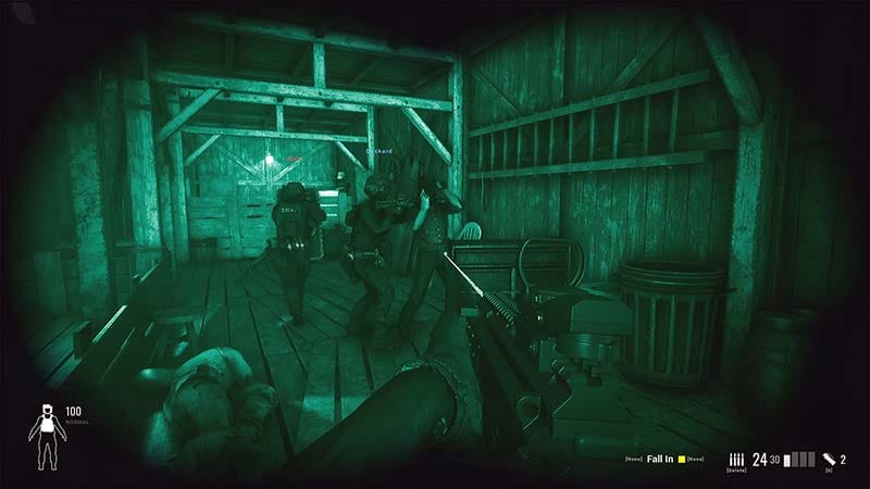 Co-op gameplay view showing coordinated team movement through interior space