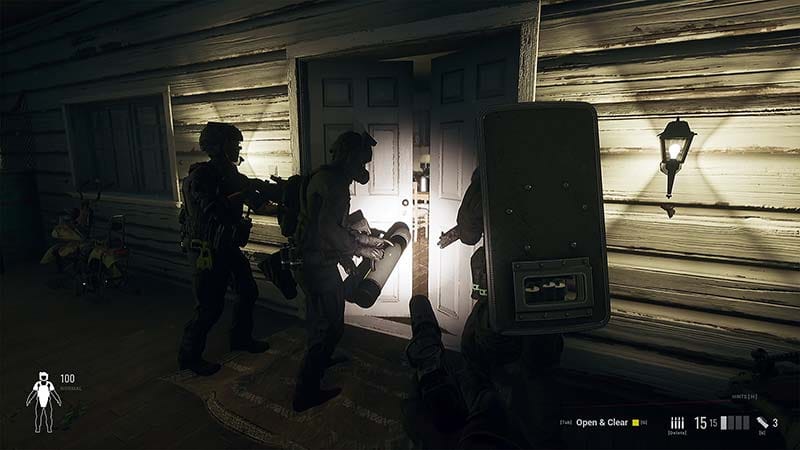 Industrial facility gameplay scene with dynamic lighting during clearing