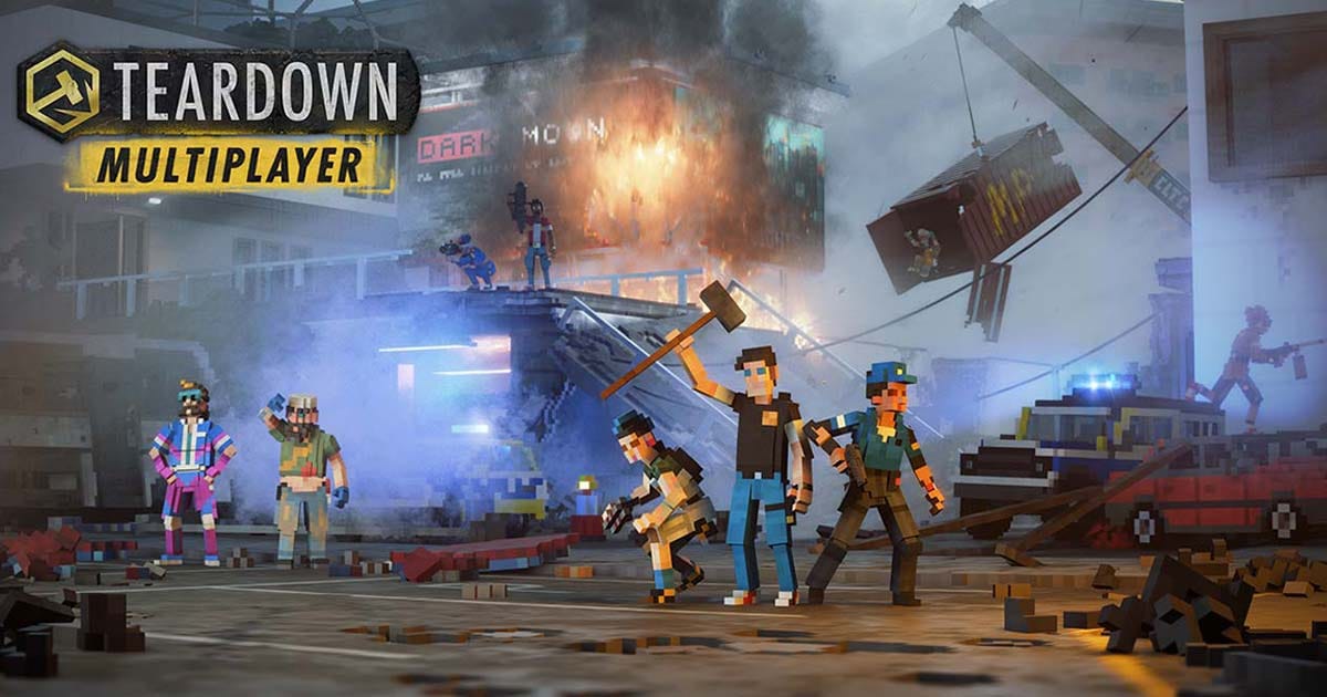 Teardown key art showing destructible voxel world and physics based heist gameplay