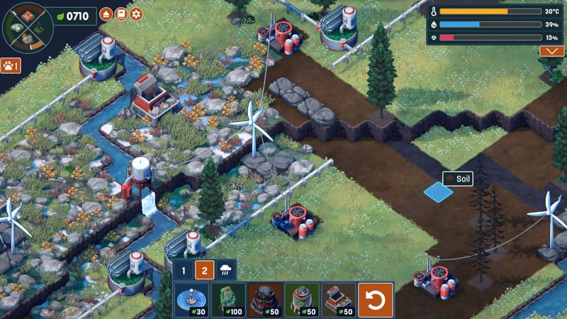 Terra Nil exploration view of procedurally generated landscape and restored habitat