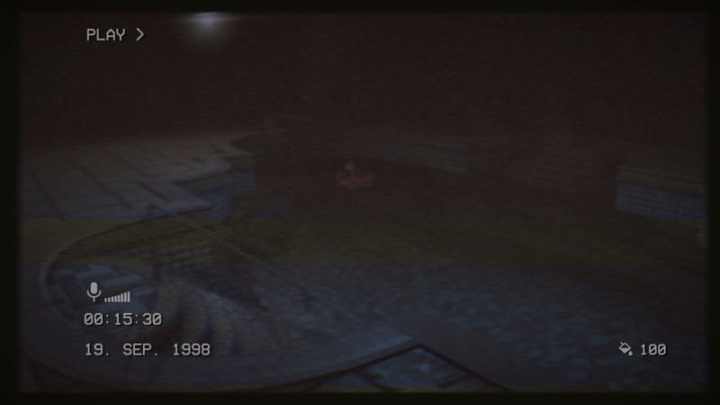 Enemy presence implied in dark hallway with distorted lighting and VHS effect