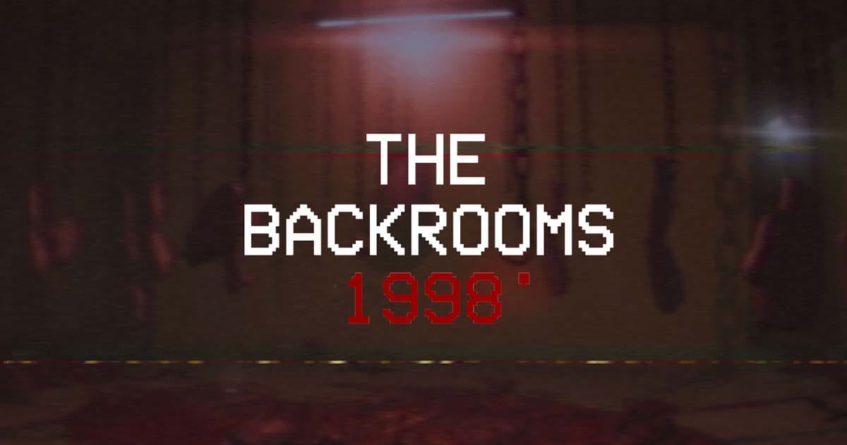 Promotional artwork showing claustrophobic Backrooms corridor in analog horror style